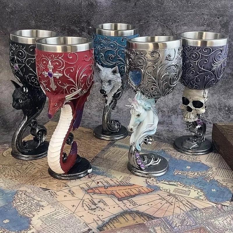 Gothic Dragon Wine Goblet Set Medieval Style Stainless Steel Lined Cup with Cross and Red Gem Perfect for Fantasy Lovers