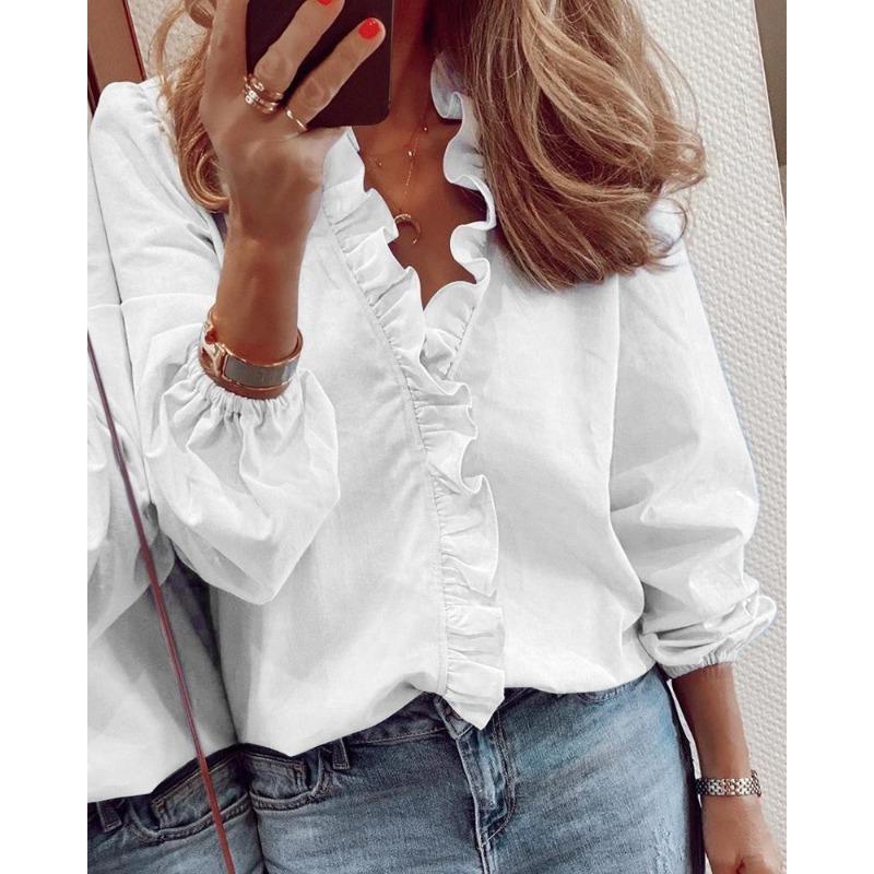 Women Long Sleeve Ruffled Collar Casual Blouse For Summer