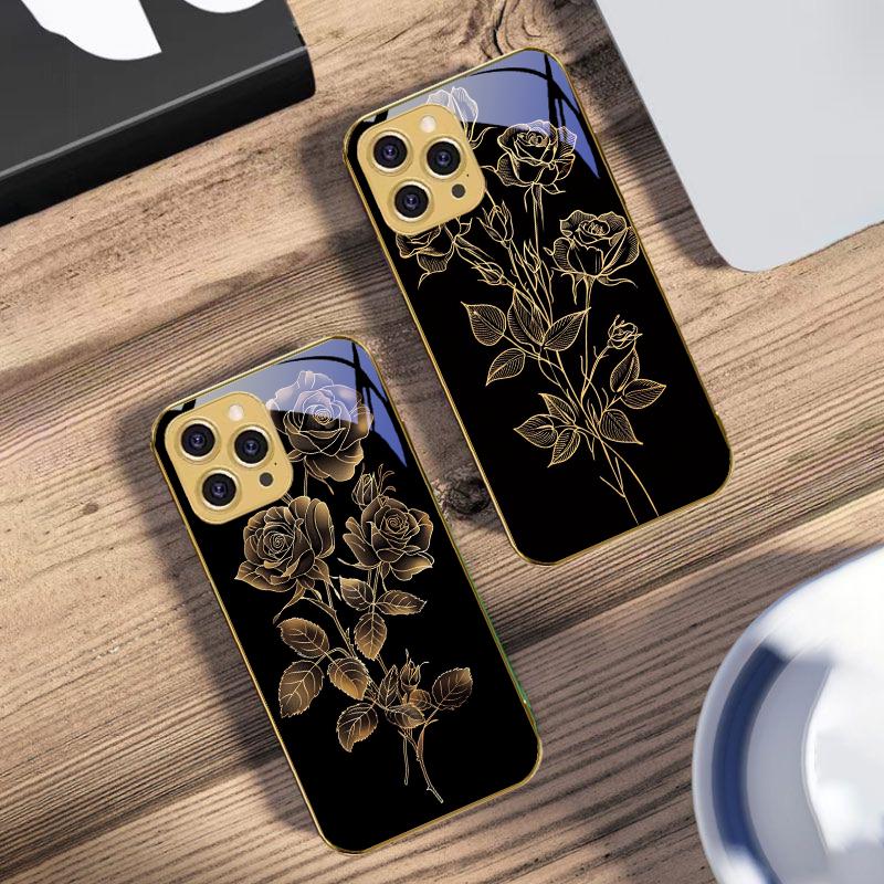 Golden Rose Flowers For IPhone 16 Pro Max 15 P Ro 14 M Ax 13 Plus 12 Mini 11 XS Max XR Golden Tempered Glass Phone Case