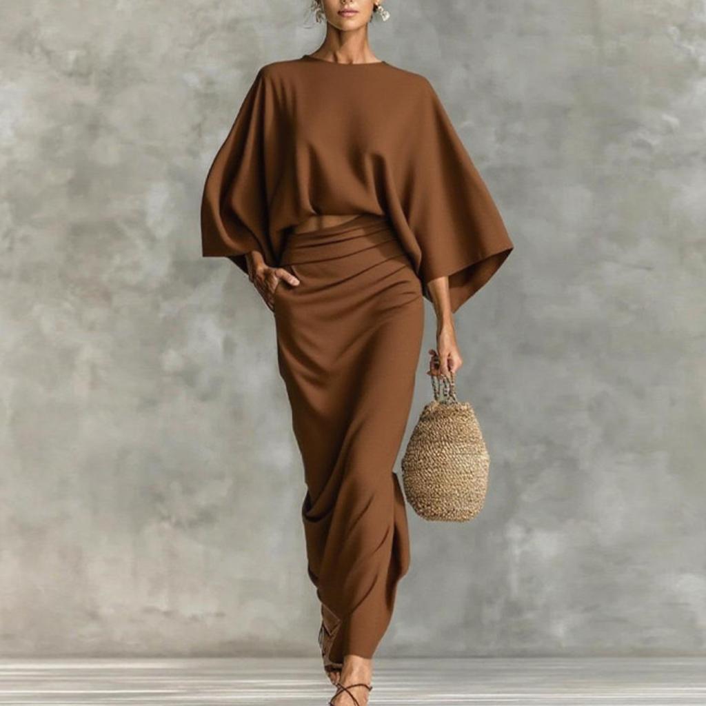 Women'S Fashion Featuring an Elegant Batwing Sleeve Crop Top with a Sexy Midriff Cut, Paired with a Versatile High-Waisted Skirt That Has a Back Slit