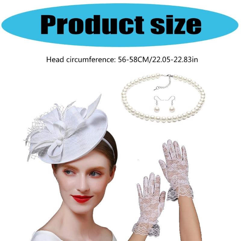 20s Derby Hat with Feathered Necklace Earrings Gloves For Women Horse Racing Event and Cocktails Party Props Headwear