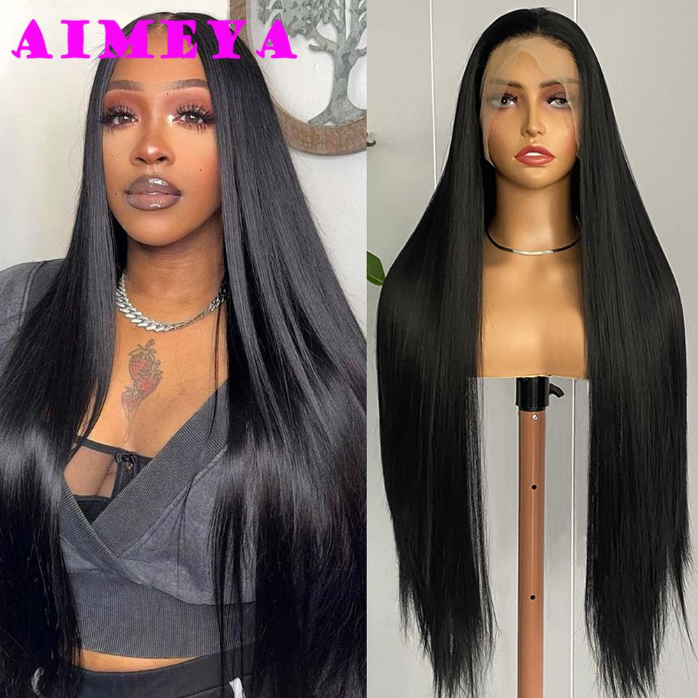 

AIMEYA 32Inches Long Silky Straight Wig Black Lace Front Wig for Women 13X4 Synthetic Hair Natural Hairline Daily Use Cosplay (Black,32inches&Lace Front)