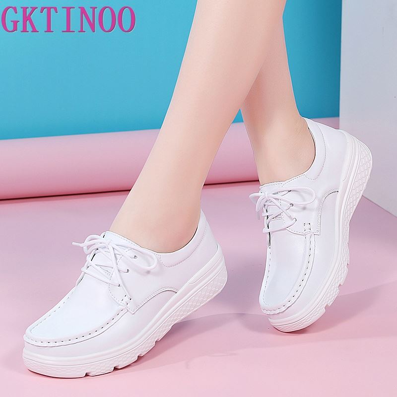 GKTINOO Women's Walking Shoes Loafers Wedges Lace-up Genuine Leather Shoes Thick Bottom Comfortable Nurse Work Shoes White