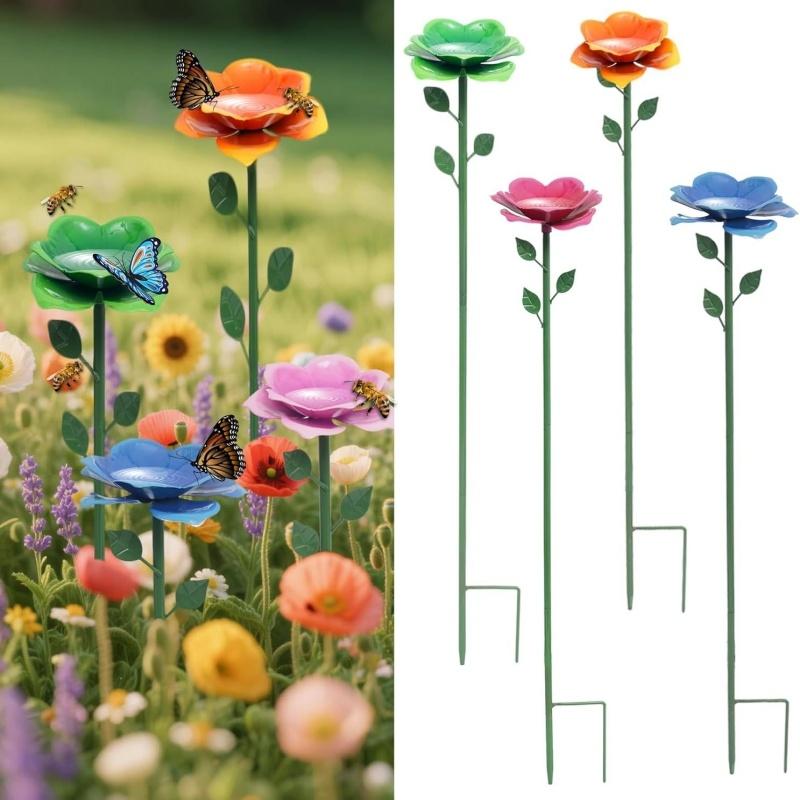 4x Bee Watering Station Metal Flower Stakes Butterfly Bath Bowl Water Feeder