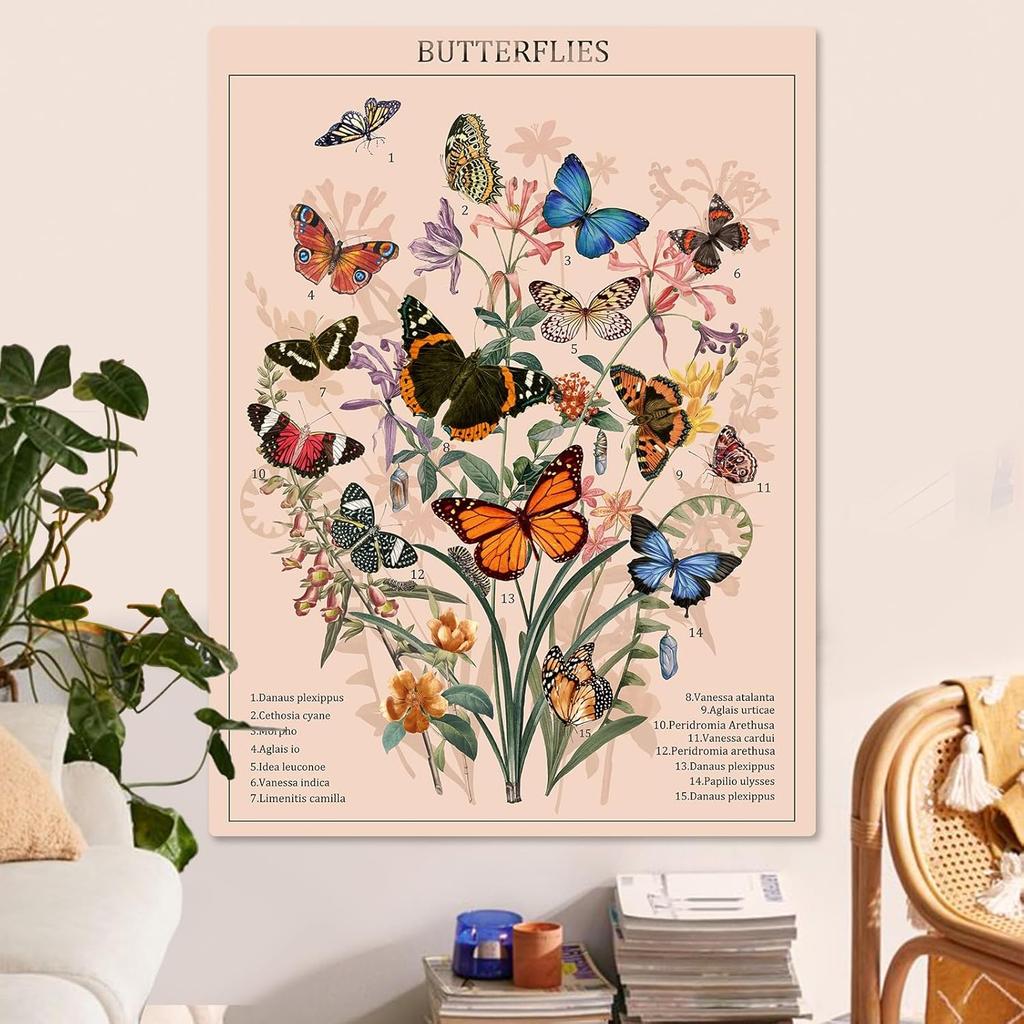 Zussun Butterfly Tapestry Vertical Vintage Floral Tapestries for Bedroom Aesthetic Flower Plant Tapestrys Wall Hanging Retro Beige Cute Colorful Art
