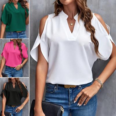 Women Casual Shirt V-neck Cold Shoulder Short Sleeve Pullover Tops Solid Color Loose Fit Blouse