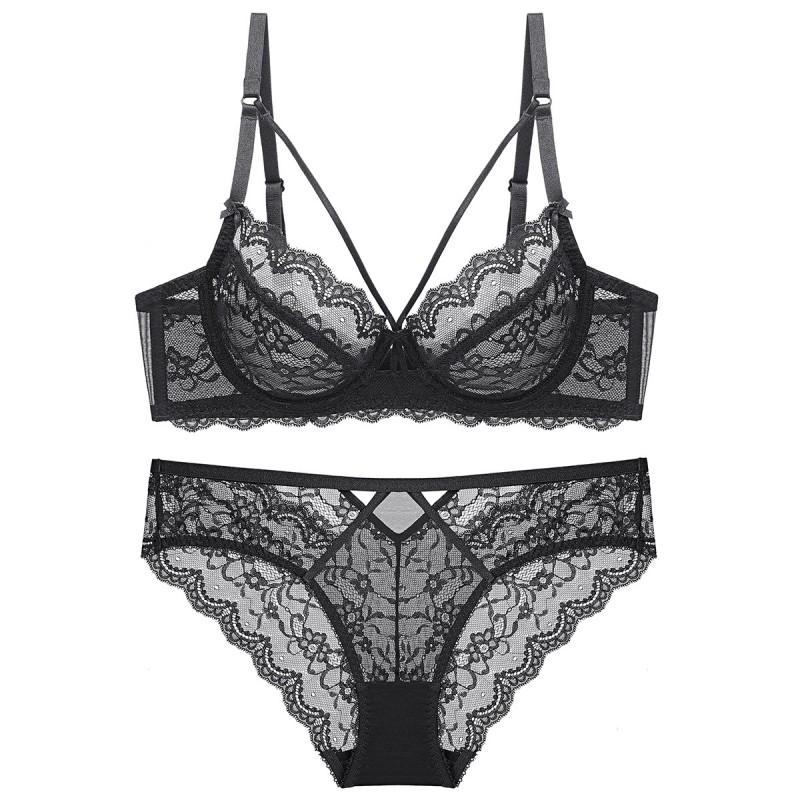 Womens Lace Ultra-thin Non-padded Transparent Bra Set Push Up Bust Minimizer