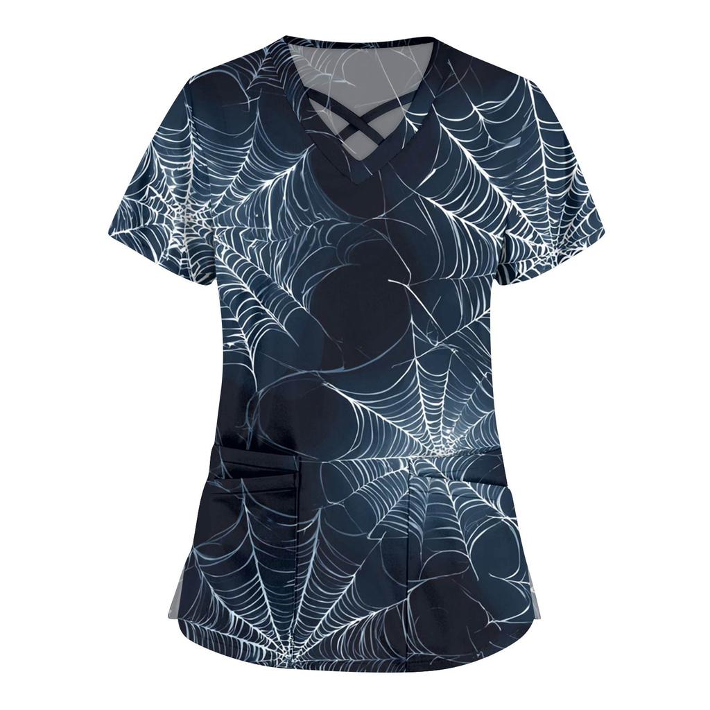 Women's Fashion Cross V Neck Short Sleeve Overalls Double Pockets Halloween Printed Tops Uniforms