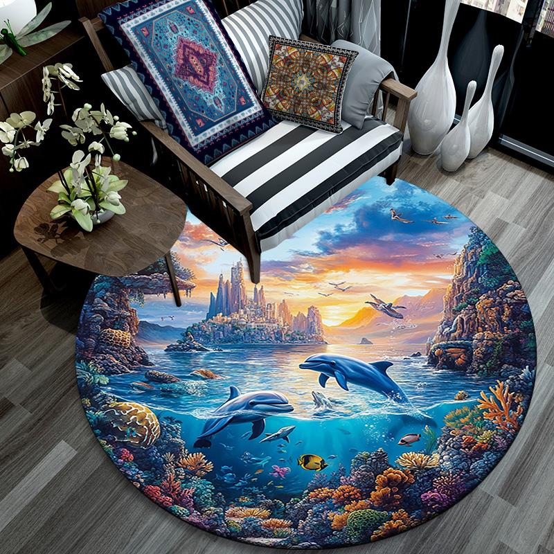 Dolphins Coral Round Area Rug,Carpet Rug for Living Room Bedroom Sofa Playroom Decor,Non-slip Floor Mat
