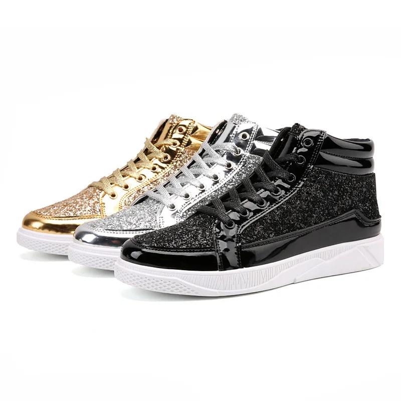 Men High Top Sneakers Male Ankle Boots Gold Luxury Glitter Shoes Streetwear Hip Hop Casual Boots Chaussures Spring