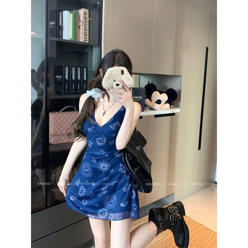 

Kumikumi Retro Sexy Style New V-neck Print Dress Women s Clothing Summer Waist-Tight Slim Looking A- line Skirt Skirt Navy blue short L