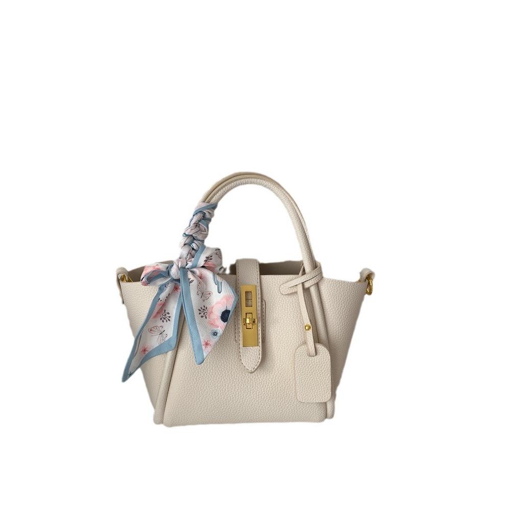 Spring and Summer Leather Vegetable Basket Hand Bucket Bag Women's Leather Crossbody Bag Shoulder Women's Bag Scarf