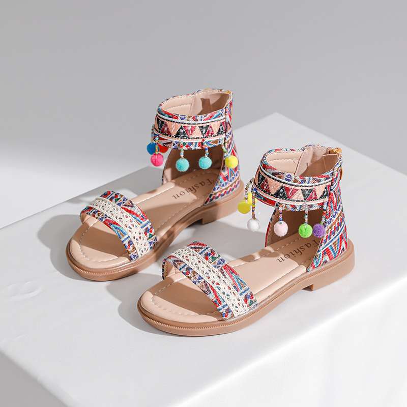 Children's Roman shoes Girls' sandals Summer 2025 New middle-aged and older children's Korean version soft-soled ethnic style retro princess shoes