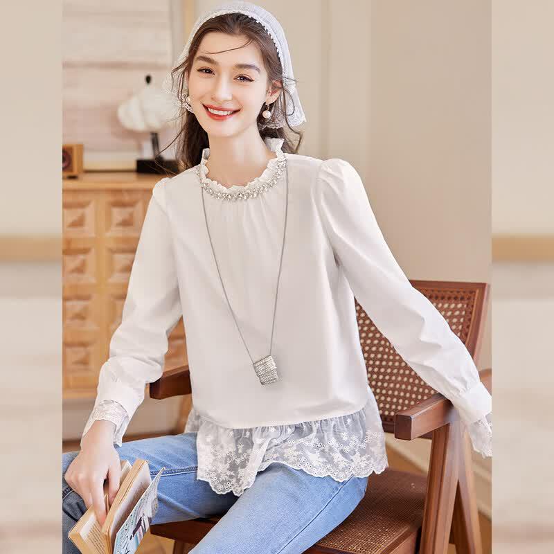 Bailuyu Women s Ruffled Stand Collar Puff Sleeve Shirt L