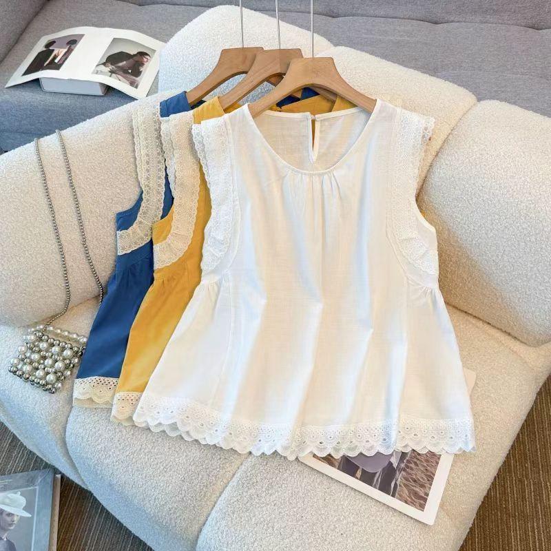 

Fashion Color-blocking Spliced Lace Pleated Round Neck Small Flutter Sleeves Trendy Summer New Stylish Blouse XL білий