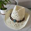 New Vintage Summer Beach Bohemian Straw Hat Shell Women Men Western Cowboy Hats Wooden Beads Hollow Out Sun Hat Holiday Cap