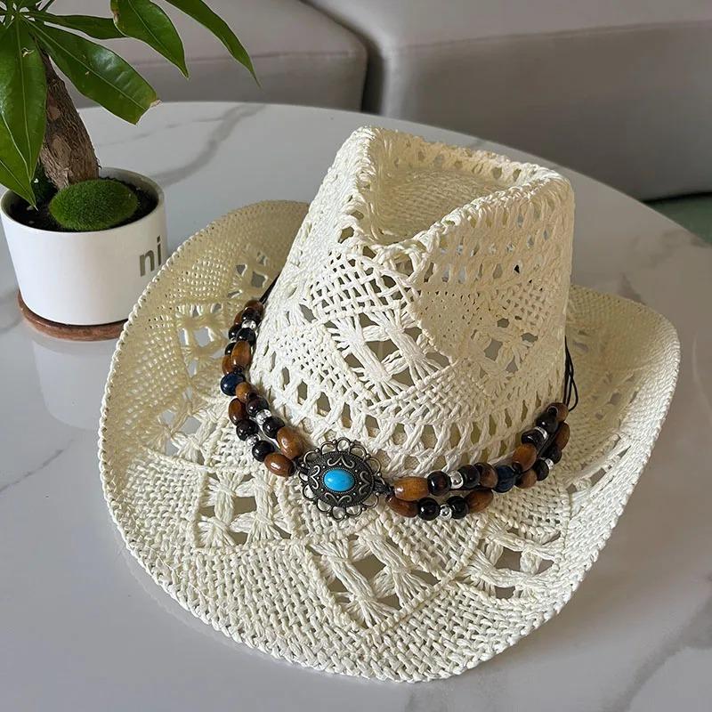 New Vintage Summer Beach Bohemian Straw Hat Shell Women Men Western Cowboy Hats Wooden Beads Hollow Out Sun Hat Holiday Cap