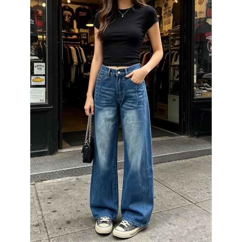 Womens High-Waisted Wide-Leg Straight Cut Denim Jeans Water Washed Comfort Fit Casual Office Wear