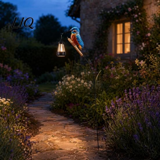 Ornements de jardin avec lumières Solaire Martin-pêcheur Luminaire sur piquet, Art de jardin en métal pour oiseau Lanterne suspendue, Piquets décoratifs à allumage automatique LED Étanche Extérieur Patio