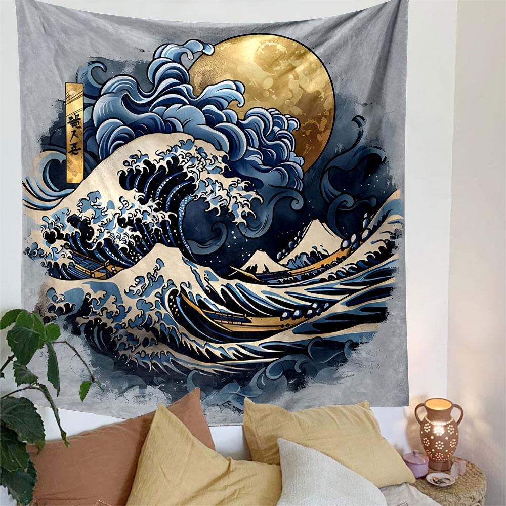 Golden Moon Over Ocean Waves Artwork Patterned Tapestry Decorative Wall Hanging, Home Bedroom Living Room Decor