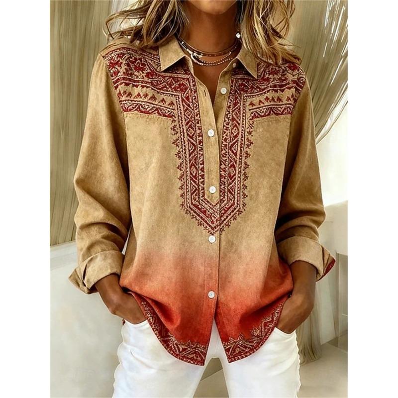 Retro Women's Oversized Shirt 3D Floral Print Minimalist Vintage-Style Casual Long-Sleeve Shirt Comfortable Collared Top