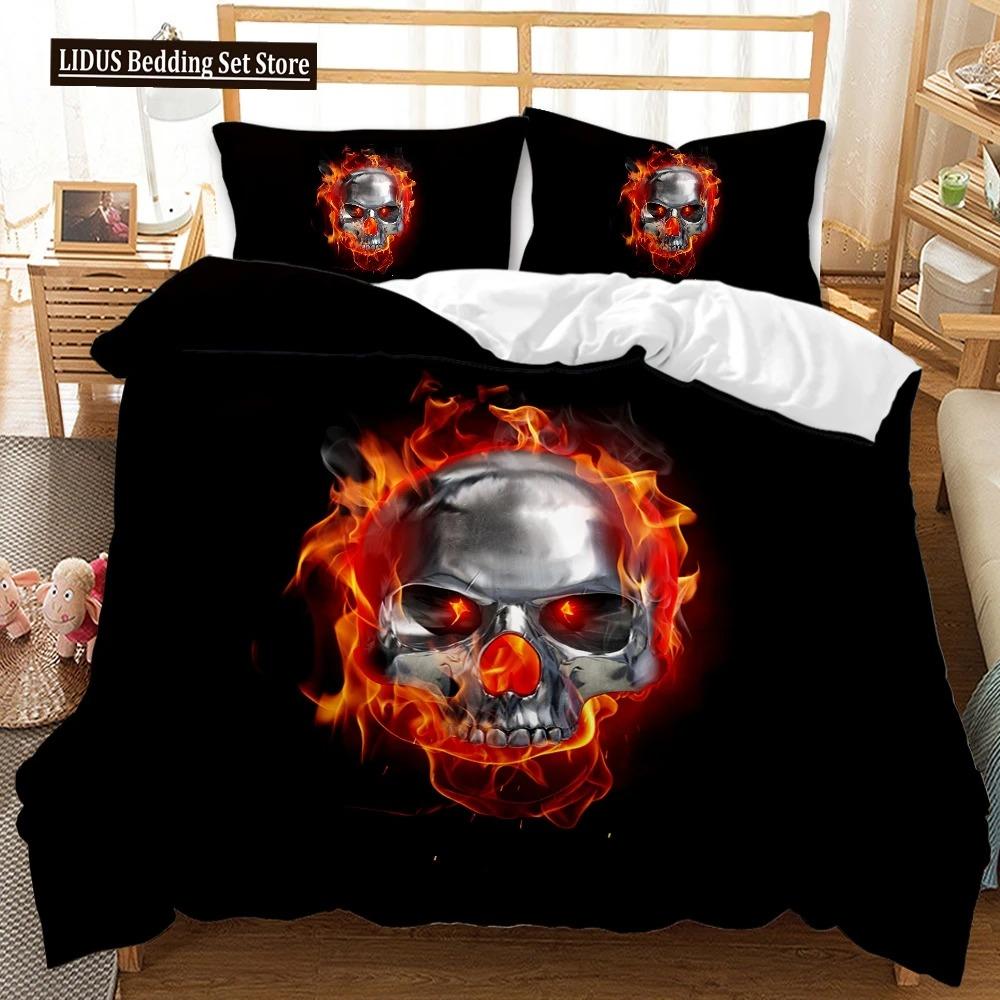 3D Totenkopf Bettbezug Set, Gothic Totenkopf Bettwäsche Sets, Totenkopf Skelett Bettdeckenbezug Full Queen Größe, Halloween Horror Steppdeckenbezug