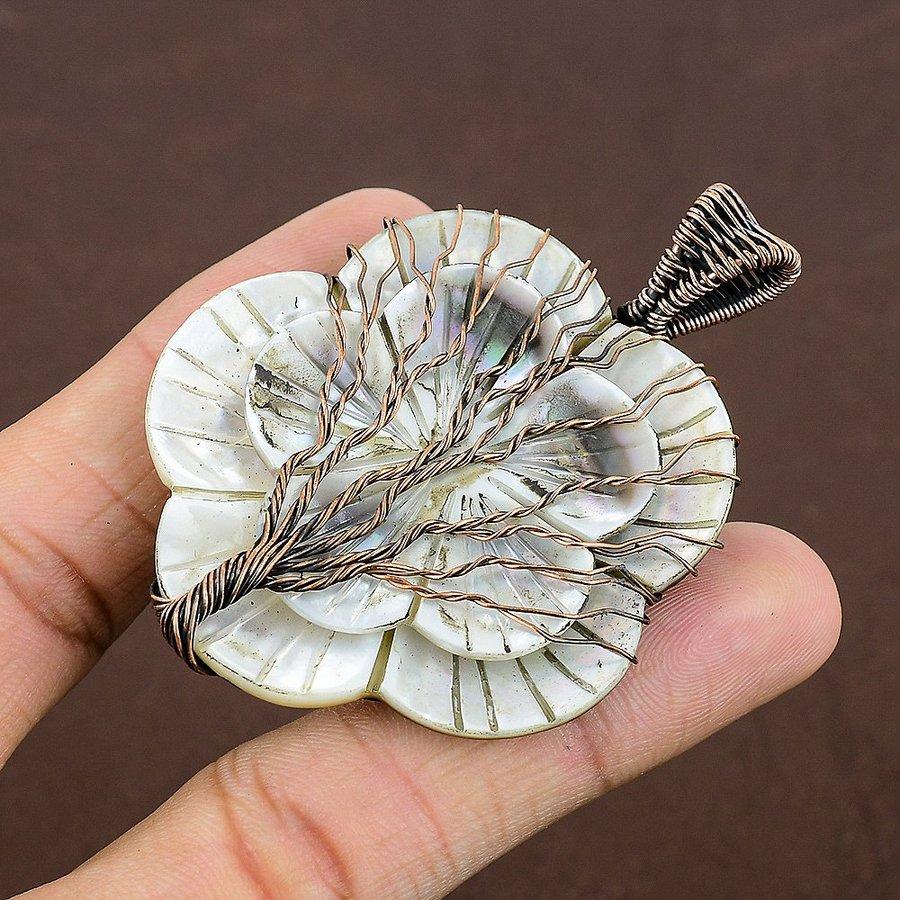 Mother Of Pearl Handmade Copper Wire Wrap Jewelry Pendant 2.64" k6R06