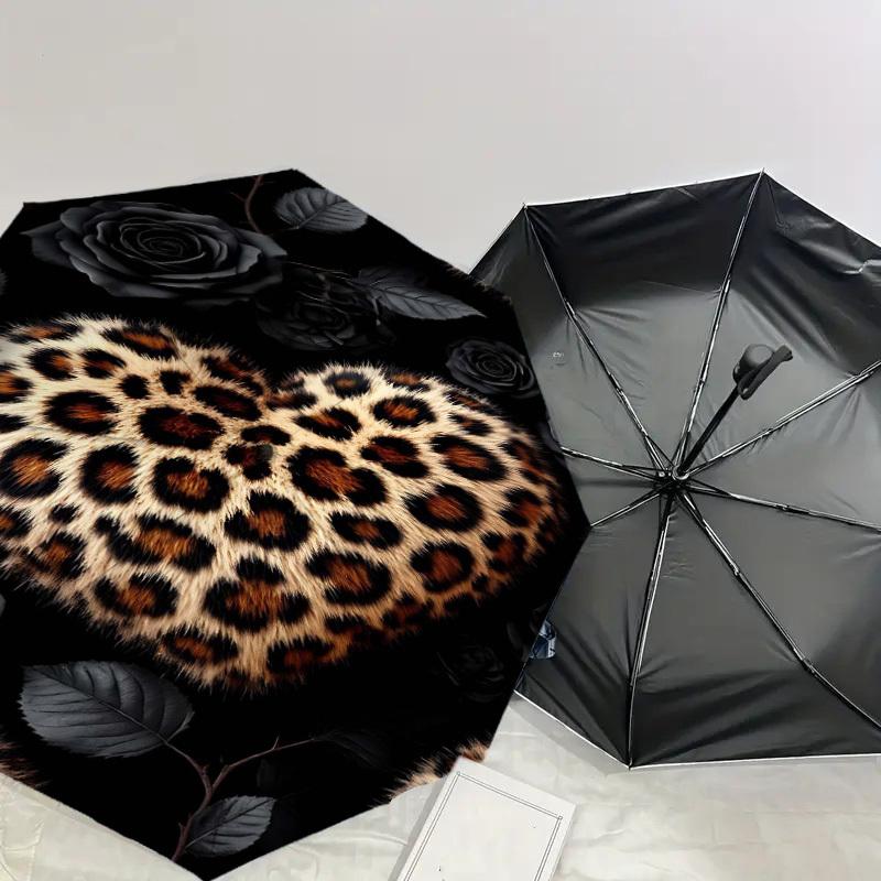 1pc Leopard Print Heart Automatic Open/Close Umbrella Compact Folding Umbrella with 8-Rib Shaft for Women/Men, Elegant Birthday1138S