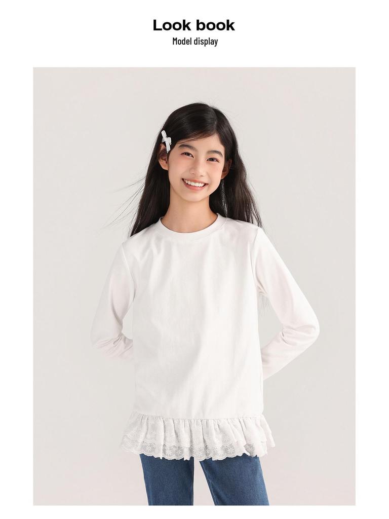 Tao Town Mädchen Langarmshirt mit Spitzennähten - Koreanischer Stil Frühling/Herbst Trend