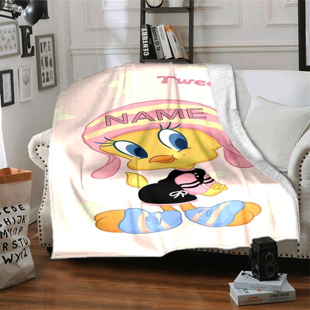 Cute Tweety Bird In Pink Hat And Dress With Stars Background Gift Customizable Blanket Personalized Text Comfortable Great For Sofa Couch Office Bed