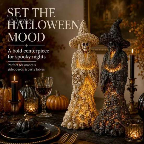 Spooky Tabletop Ornament for Halloween Skull Witch Figurine, Resin Skeleton Ornament, Gothic Creative Figurine Home Creepy Statue Mantel Decoration