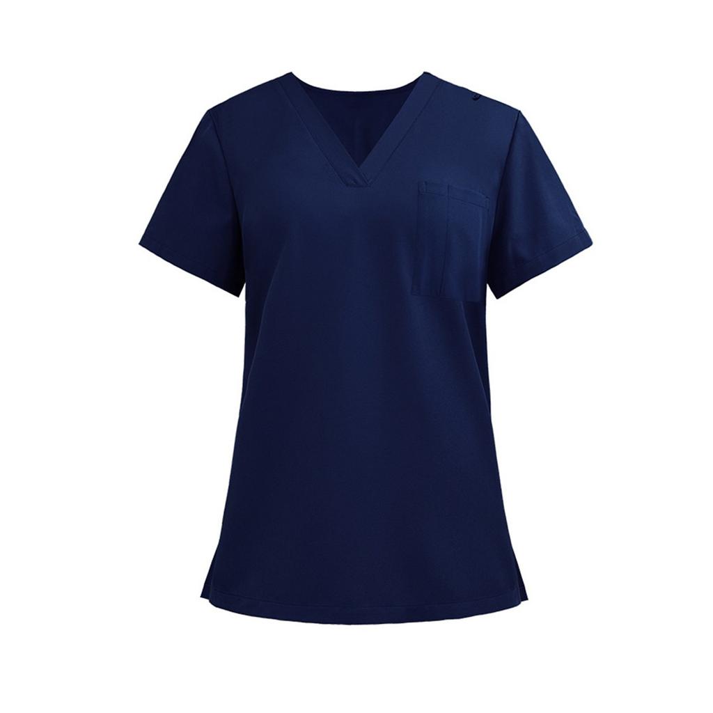 Ladies' Lightweight Solid Color V-neck Pocket Side Slit Short Sleeved Shirt