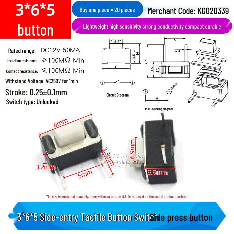 Compact Touch Micro Switch, SMD DIP 4-Pin, 6*6*5mm Miniature.