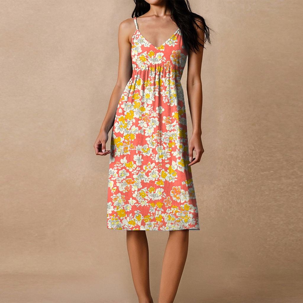 Women's Spaghetti Strap Backless Bow Loose Casual Beach Vacation Floral Printed Dress Sundress