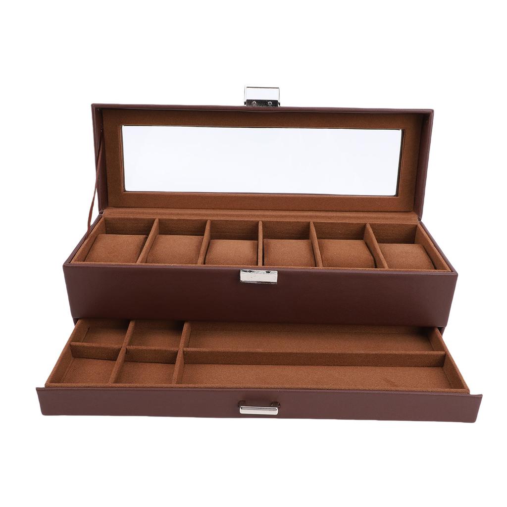 Puzdro na hodinky pre mužov Kožené 6 priehradiek 2-vrstvové Puzdro na vystavenie hodiniek na uloženie zbierky hodiniek a šperkov Hnedé