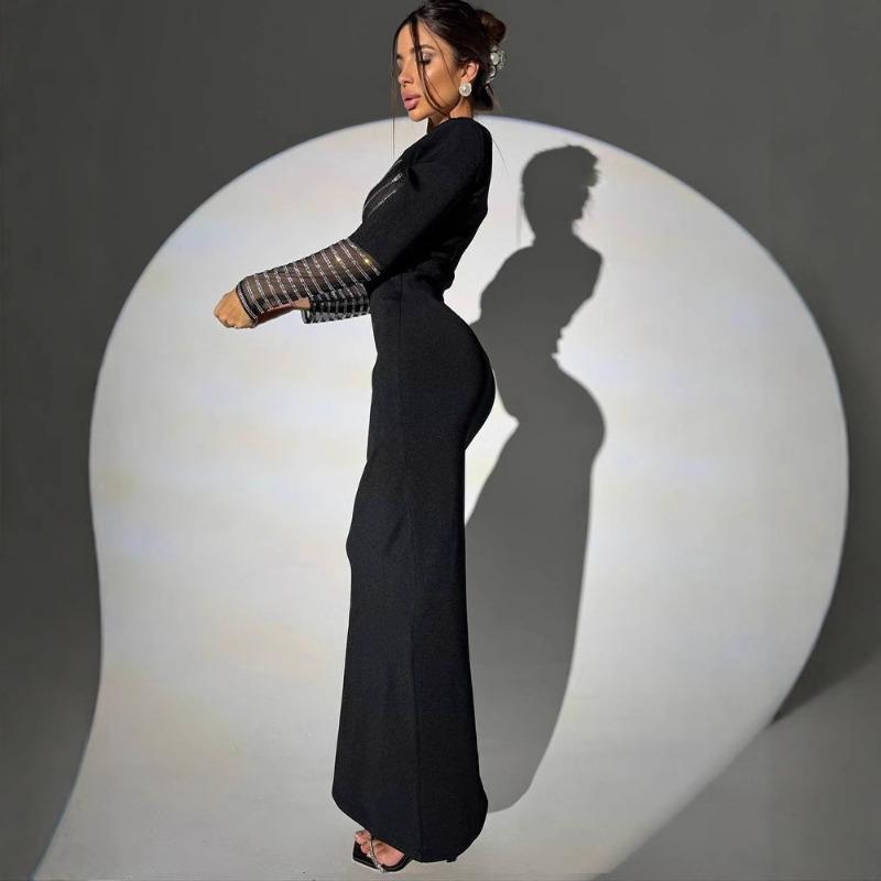 Jesień i Zima Damska Sukienka Maxi z Długim Rękawem w Jednolitym Kolorze, Seksowne Przeszycia z Siateczki, Hot Drill, Workowata, Dopasowana w Biodrach