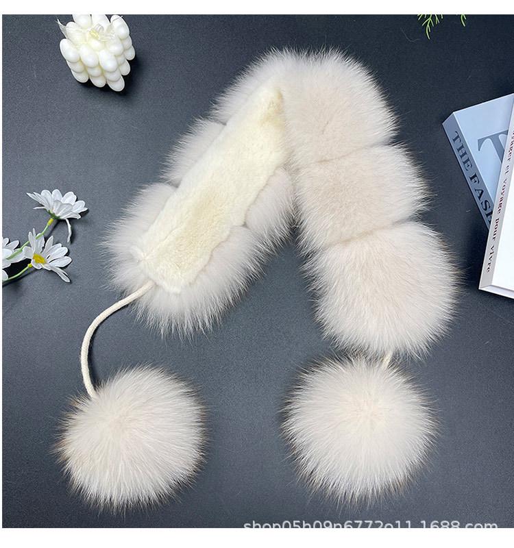 Korean Style Double-Sided Fox & Rabbit Fur Scarf with Pompons for Women