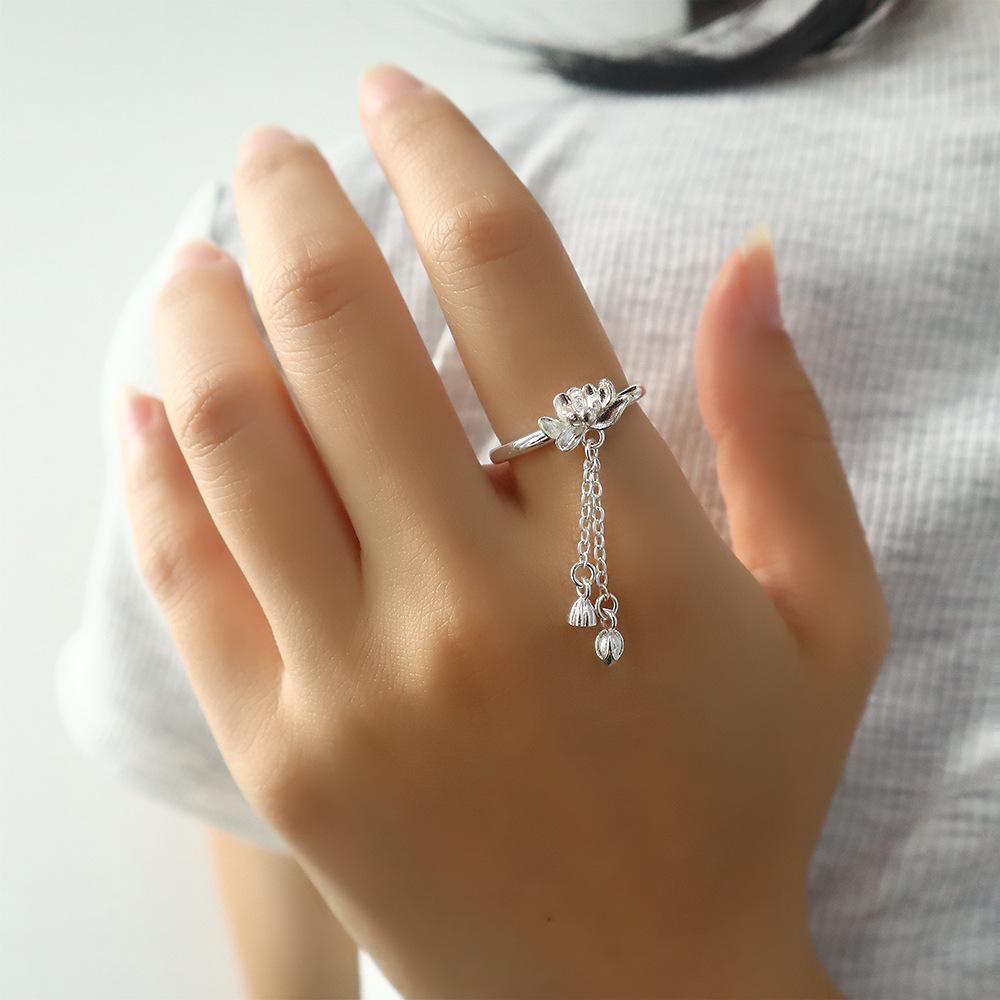 Tassel Lotus Ring New Chinese Jewelry Accessories Fashion Open Adjustable Design Flower Finger Ring Silver Flower Bud Lotus Ring