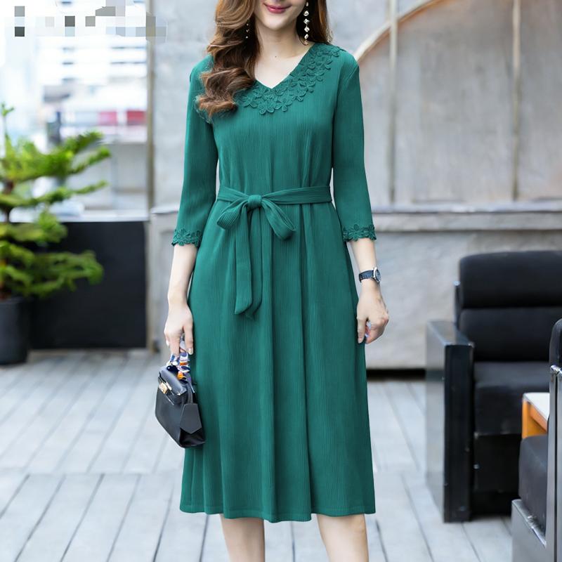 ZANZEA Women Casual Embroidered Splice V-Neck 3/4 Sleeve Elegant Dress S зелёный