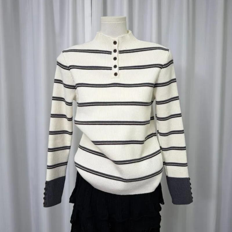 Kontrastowe kolory Swetry w paski w stylu vintage Odzież damska Półwysoki kołnierz Jesień Zima Stylowe zapinane na guziki Wąskie dzianinowe pulowery