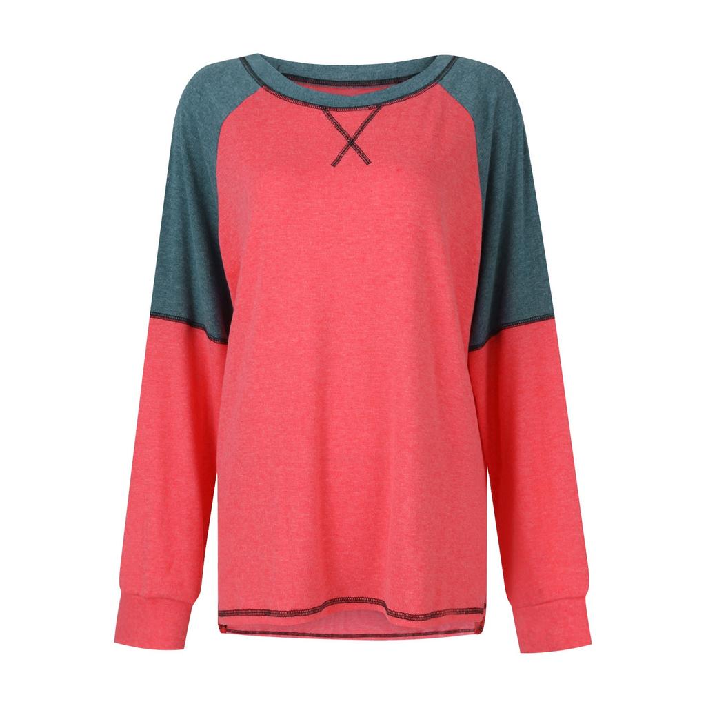 Women's And Winter Casual Long Sleeve Spliced Round Neck Loose T-Shirt Top