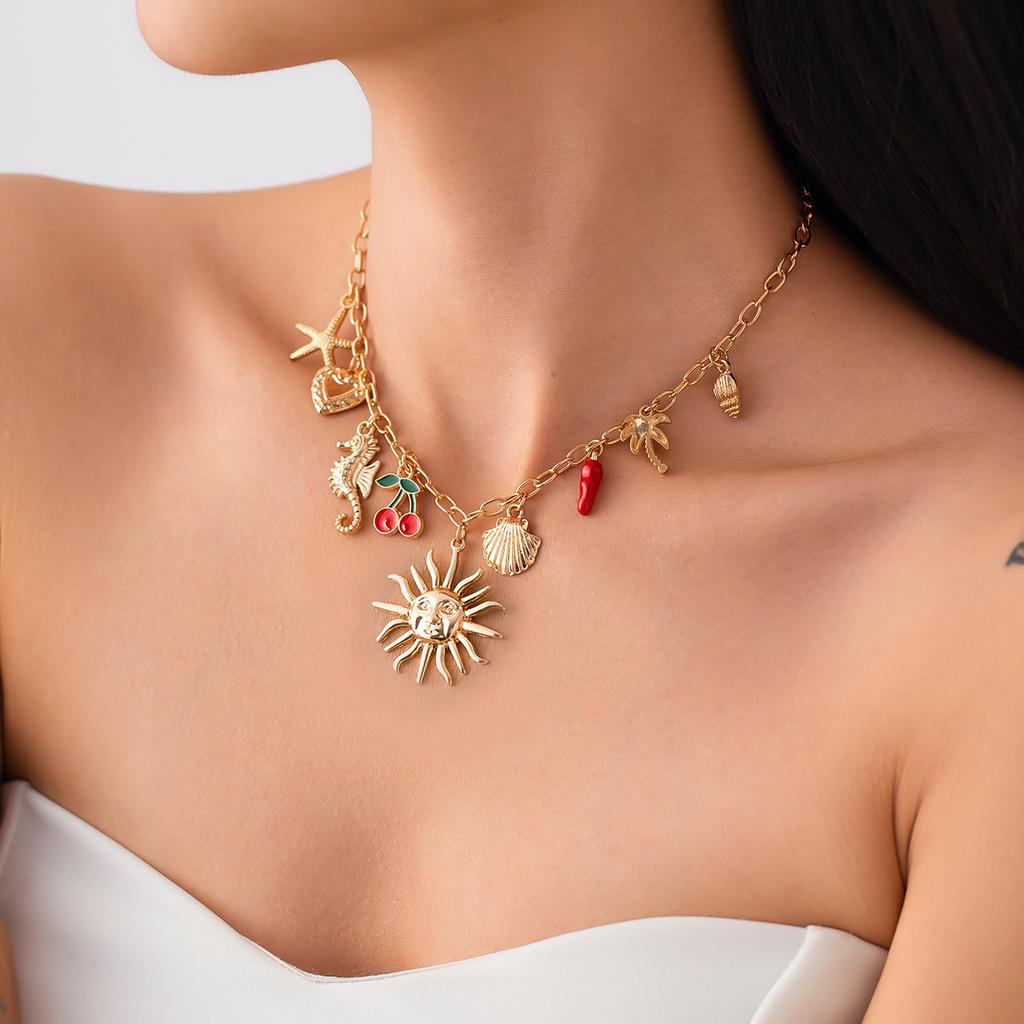 Salircon Sun Starfish Scallop Pendant Necklace for Women Vintage Conch Summer Beach Holidays Gold Color Chain Jewelry Gift