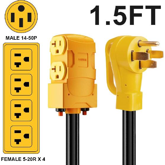 50 Amp To 20 Amp 110V RV Distribution Adapter, 240V To 120V, NEMA 14-50P To 4 X 5-20R/15R RV Generator Adapter, 4-Prong Plug To Mutiple Household