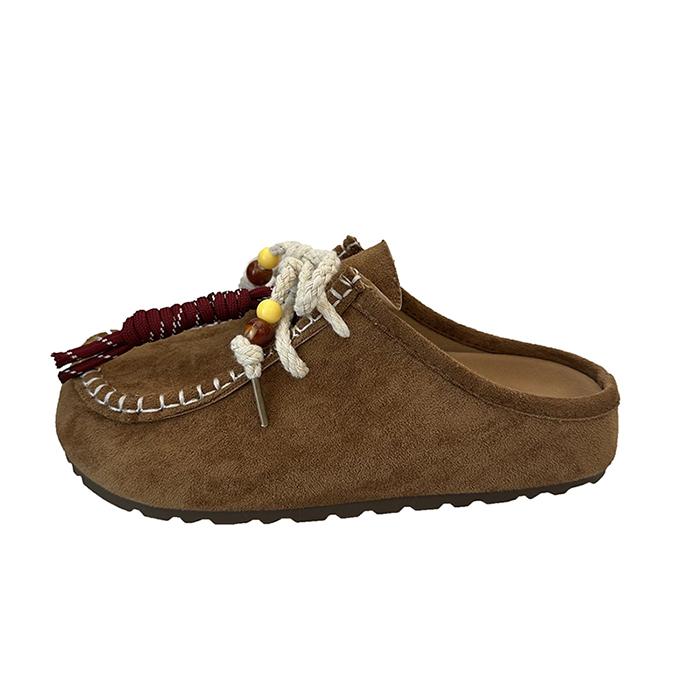 Fashion 2025 Autumn New Retro Flat Slippers Women's Round Toe Deep Mouth Platform Suede Front Lace-up Soft Slip Slides Women Slippers