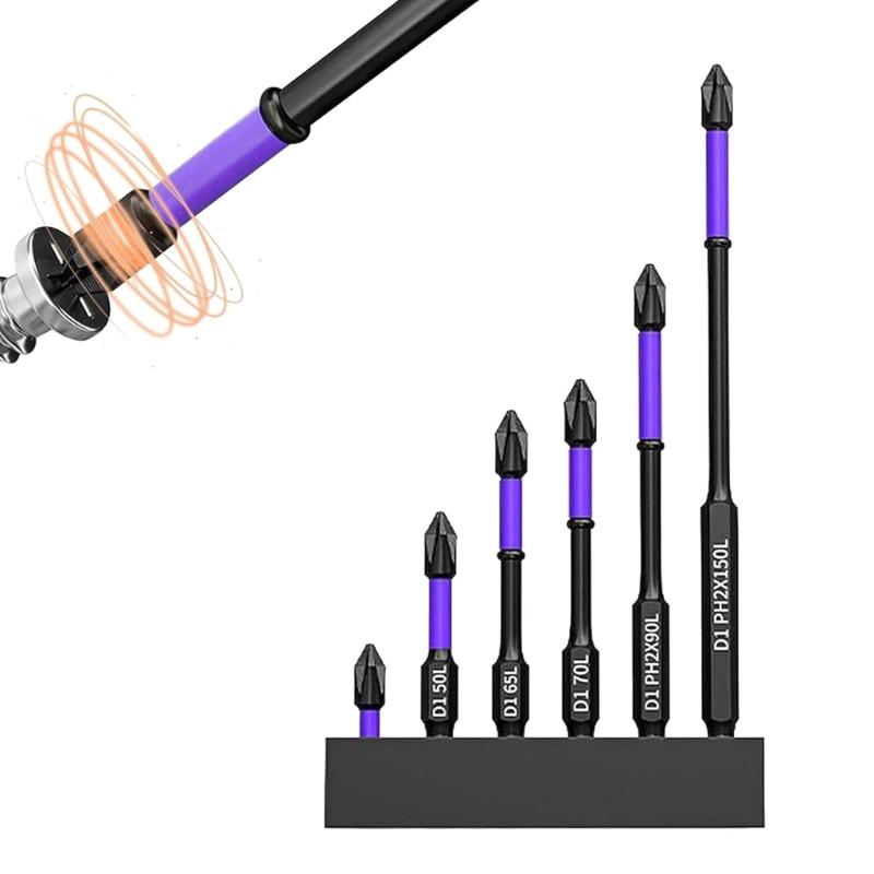 6Pieces Magnetic Non-Slip Drill Bit Portable Magnetic Bit Set Shockproof PH2 Impact Driver Bit Set Magnetic Head