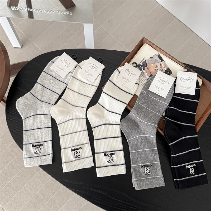 Spring & Summer Korean Style Cartoon Embroidered Puppy Mid-Calf Socks - Women's Academy Stripes Slouch Socks