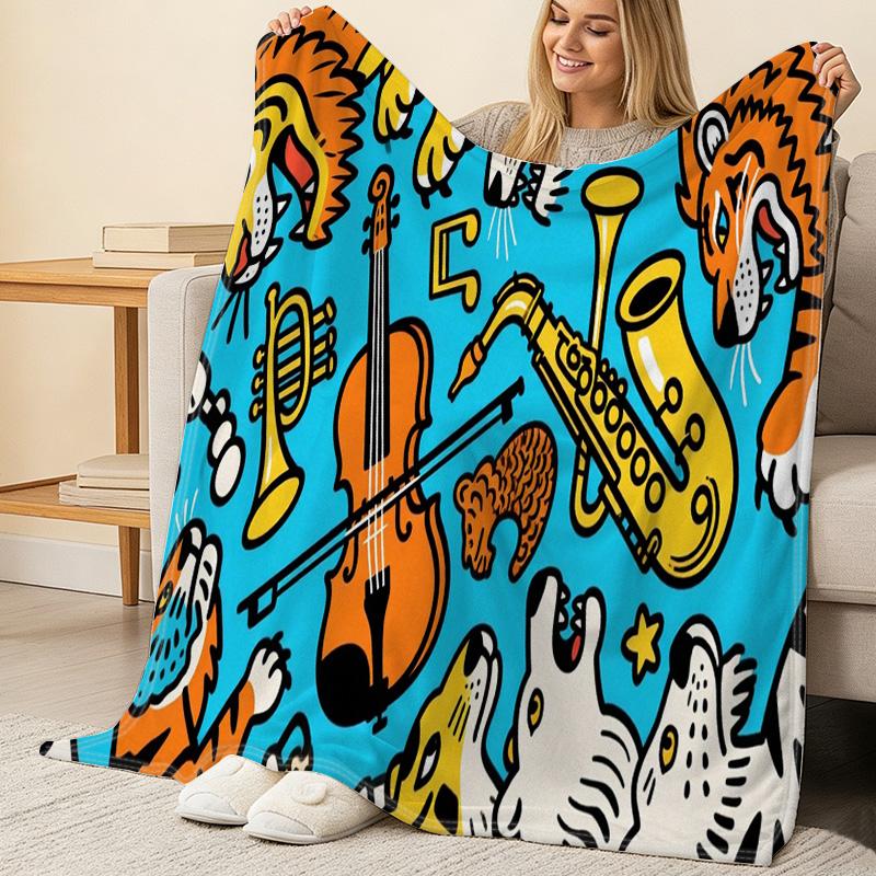Vibrant Animal Music Design Flannel Blanket – Lightweight, Cozy Warm Soft Throw for Sofa Naps, Window Sill Decor, Christmas & Halloween Home Use