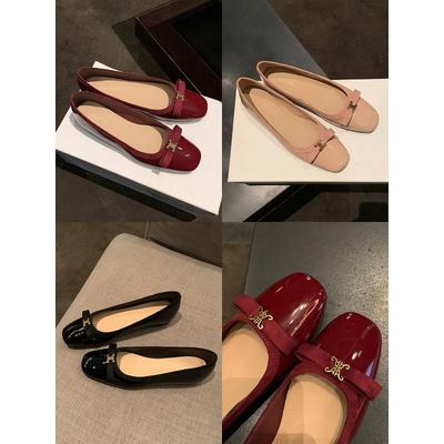 Sheepskin~ Inner Height Increase 4cm Noble Gold Buckle Bow Square Round Head Shallow Mouth Flat Shoes Women's Single Shoes