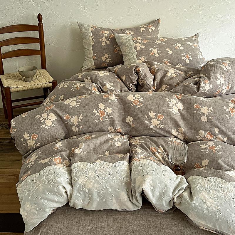 4PCS Vintage Style Bedding Set Princess Lace Duvet Cover 200x230cm Flat Sheet Set Twin Double Size Bed Set For Bedroom Decor