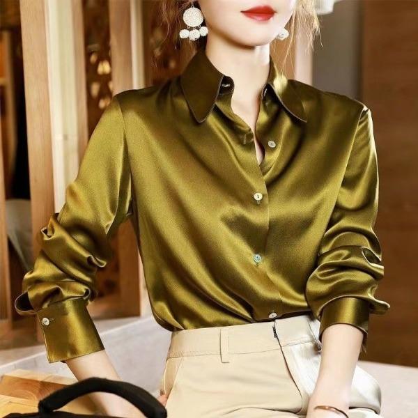 Women's Satin Shirt Spring and Autumn Long Sleeved Chiffon Top Solid Color Design Shirt